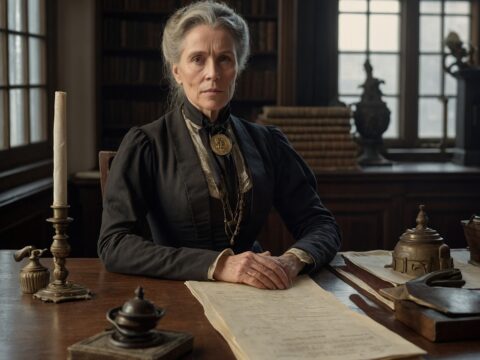 Madama Chalice Goldsmith in formal 1890s attire at her official office desk.
