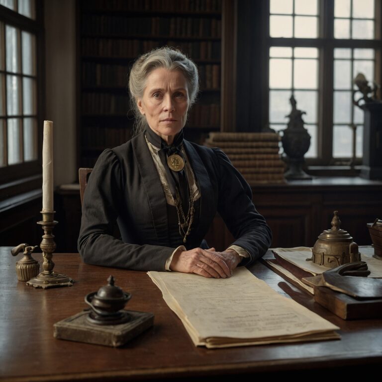 Madama Chalice Goldsmith in formal 1890s attire at her official office desk.