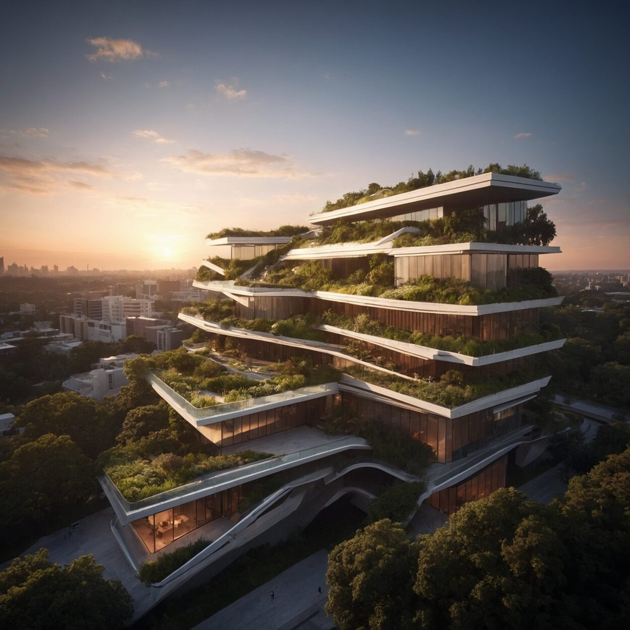Wide-angle view of Research Plaza building with open terraces and lush greenery at sunset.