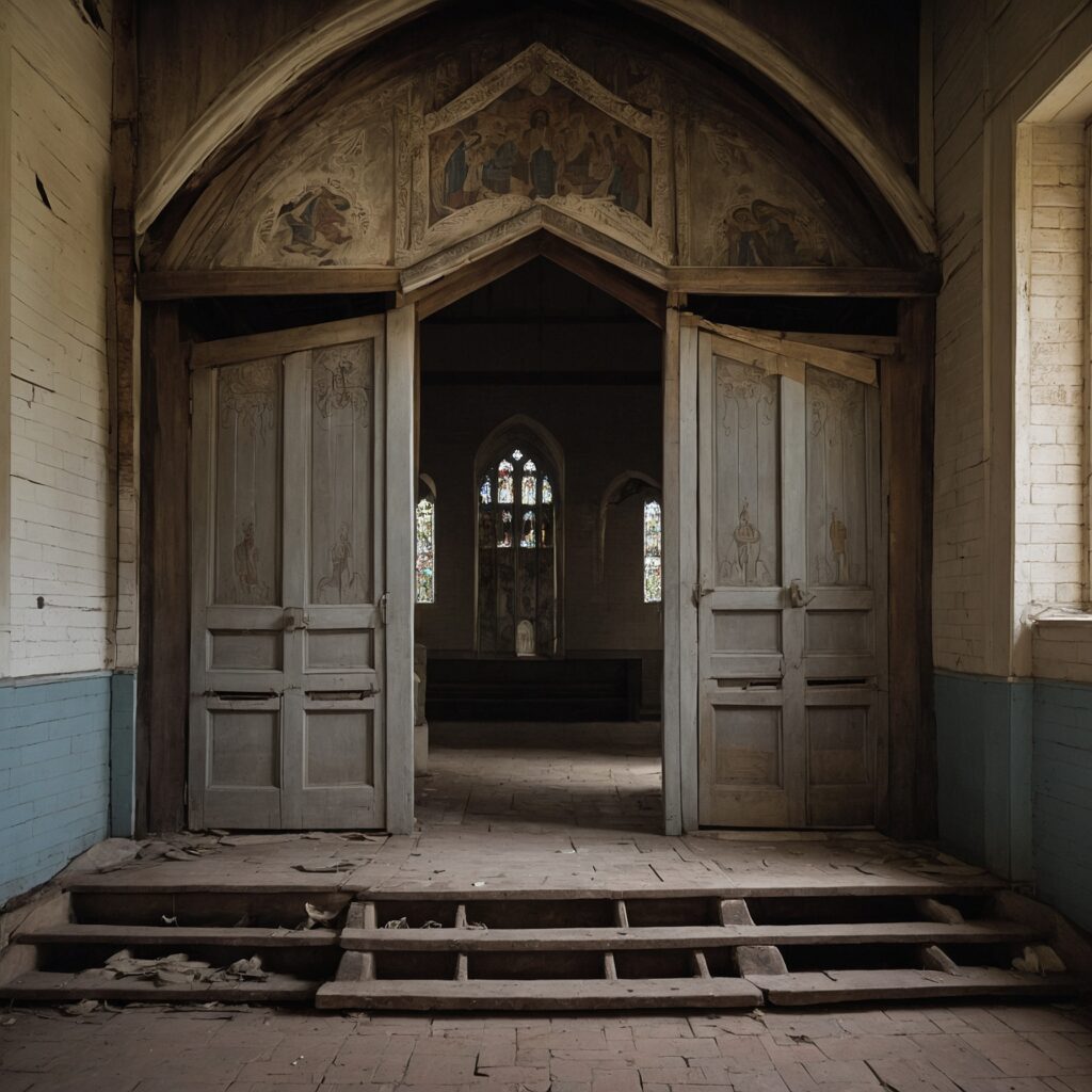 Neglected, chained-shut place of worship with damaged icons under cloudy daylight.