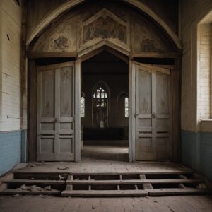 Neglected, chained-shut place of worship with damaged icons under cloudy daylight.