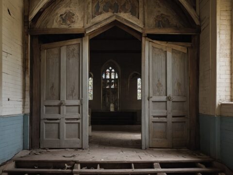 Purges of Faith Neglected, chained-shut place of worship with damaged icons under cloudy daylight.