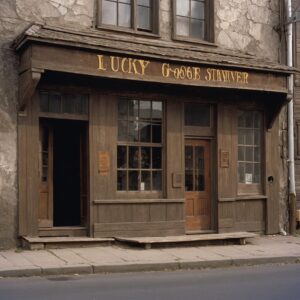 Street-level view of Lucky Goose Tavern with weathered facade and people in 1990s clothes outside.
