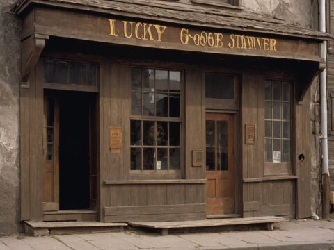 Street-level view of Lucky Goose Tavern with weathered facade and people in 1990s clothes outside.