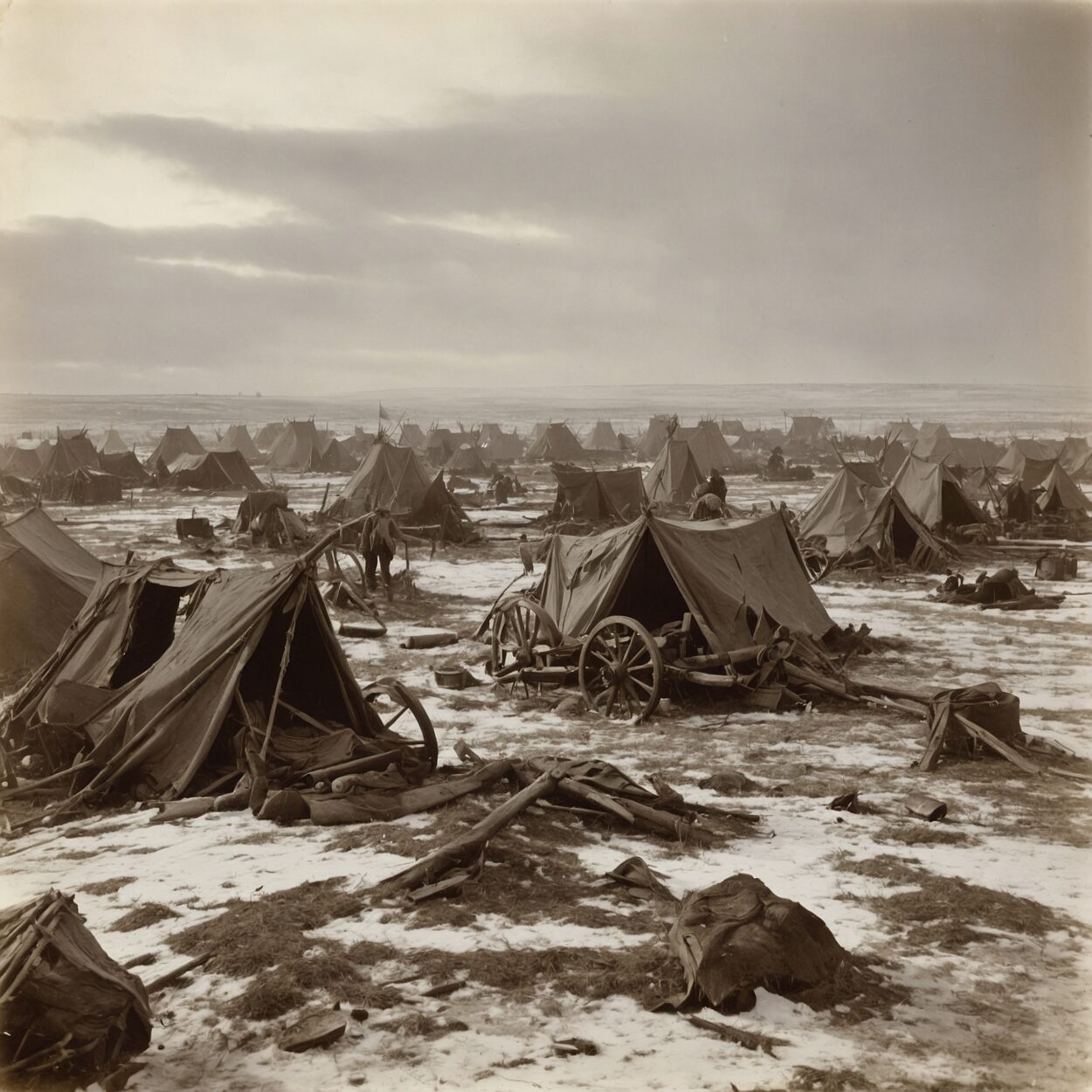 Frozen battlefield with abandoned Union wagons and Sioux Nation flags in a distant encampment.