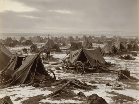 Frozen battlefield with abandoned Union wagons and Sioux Nation flags in a distant encampment.