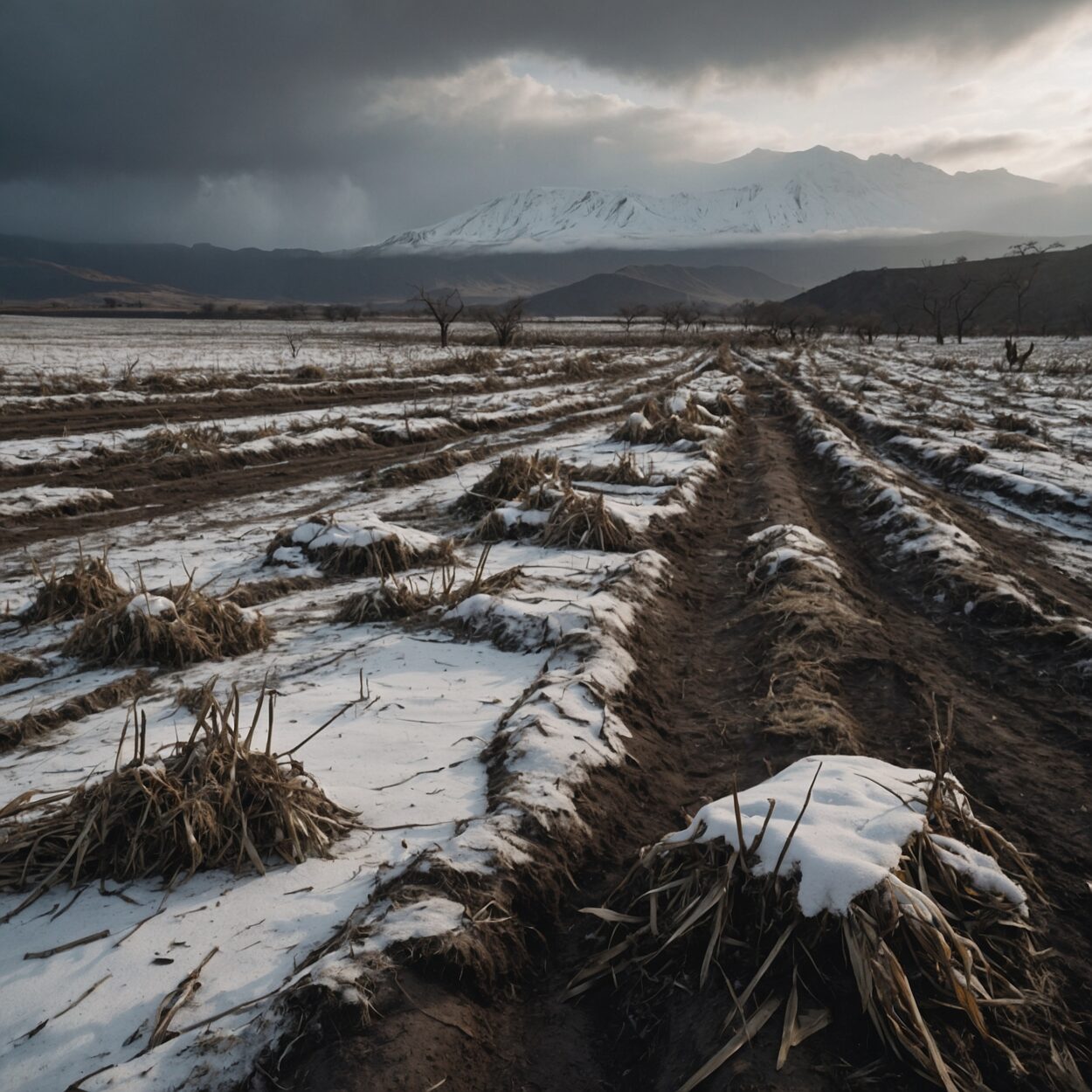 Medieval fields blanketed in snow with wilted crops and overcast sky after volcanic eruption.