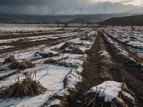 Medieval fields blanketed in snow with wilted crops and overcast sky after volcanic eruption.