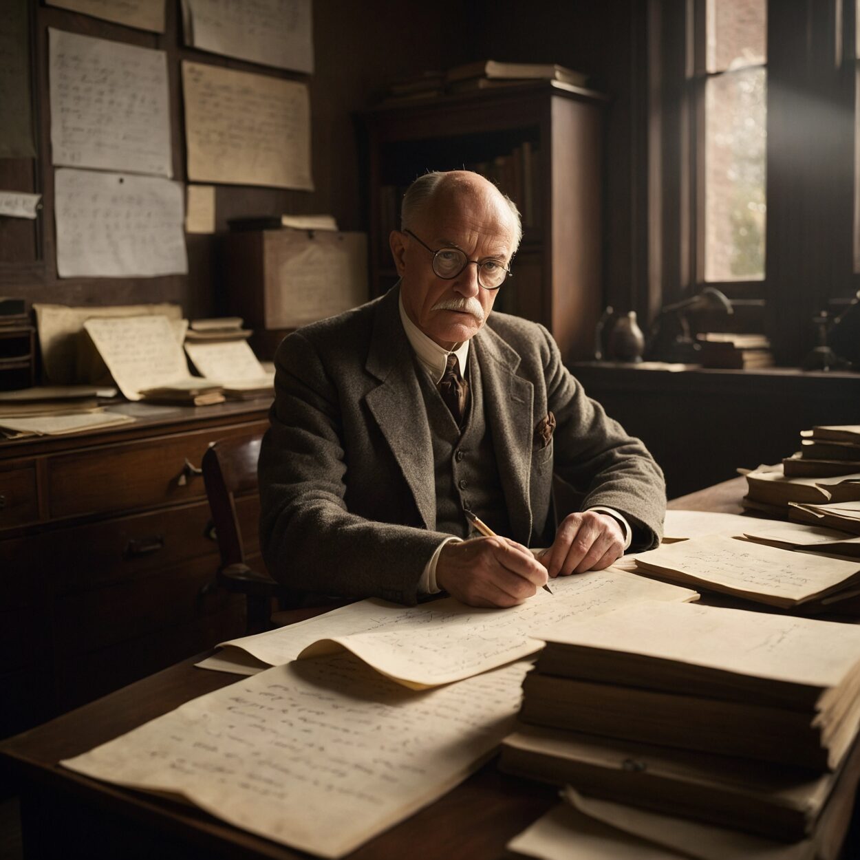 David Hilbert seated at a desk with papers and books, focused on equations.