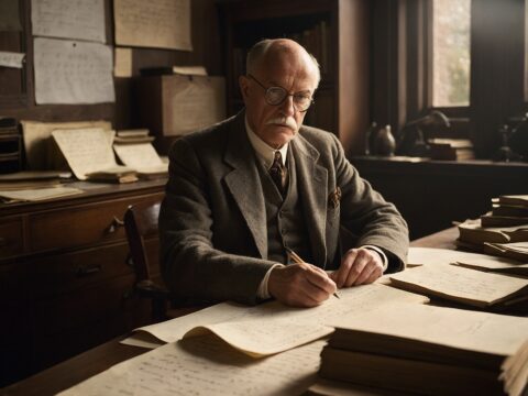 David Hilbert seated at a desk with papers and books, focused on equations.