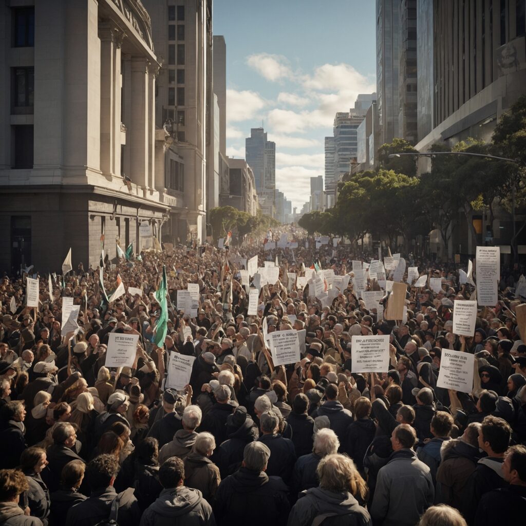Diverse protesters hold banners advocating for renaming the empire in a city street.