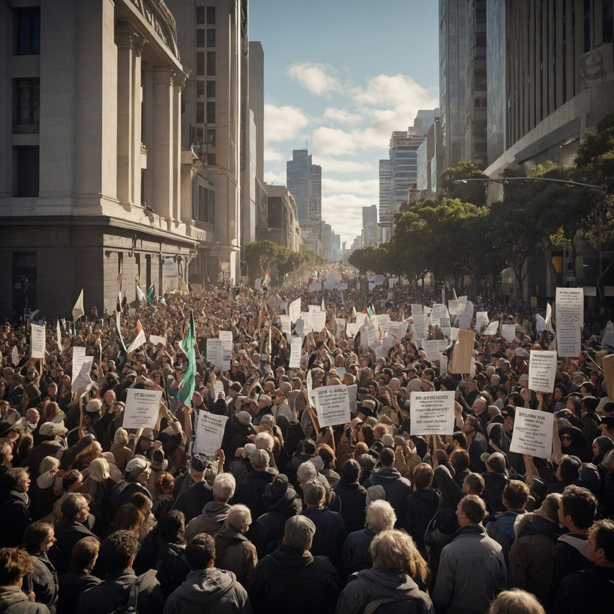 Empire of Aotearoa Diverse protesters hold banners advocating for renaming the empire in a city street.