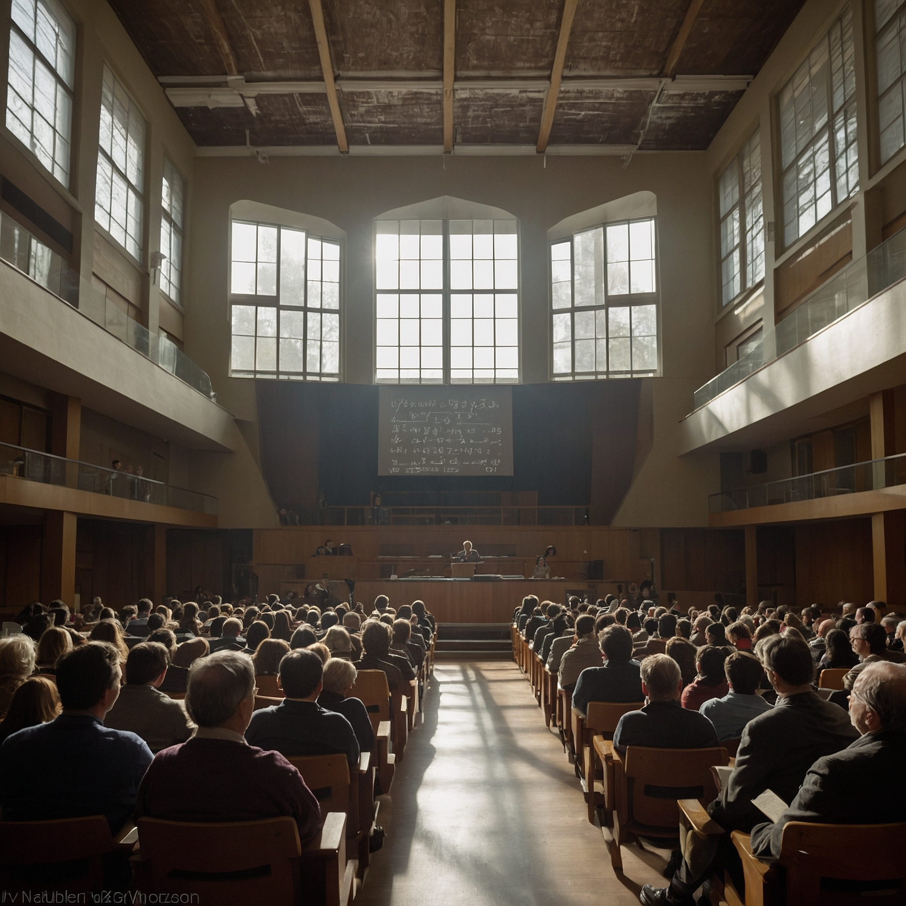 Hilbert presenting mathematical formulas on a chalkboard to a full lecture hall.