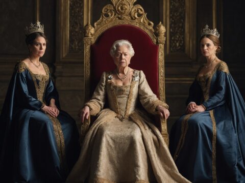 Queen Lear seated on a throne with her three daughters standing before her in regal attire.