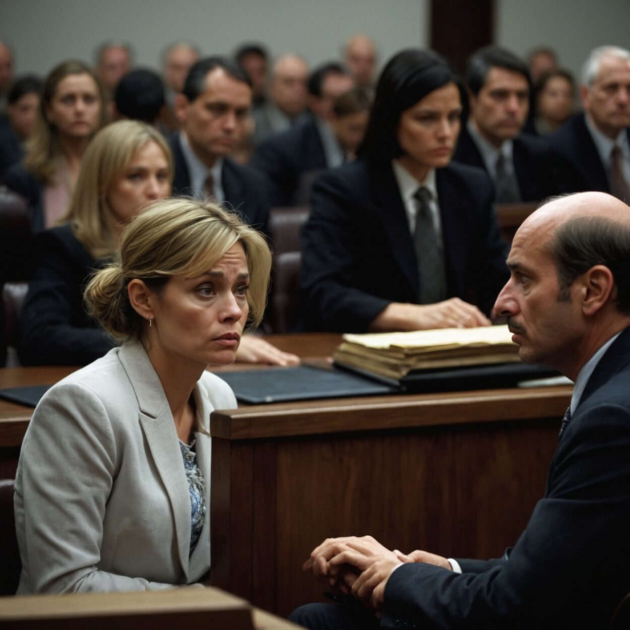 River Murmur at the defendant’s table in court, surrounded by legal counsel and observers.