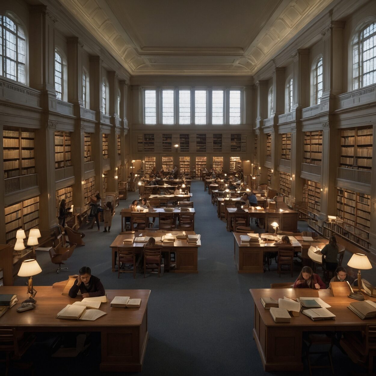 Librarian shelving books in a large library with students studying at tables.