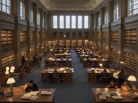 State Knowledge Bureau Librarian shelving books in a large library with students studying at tables.
