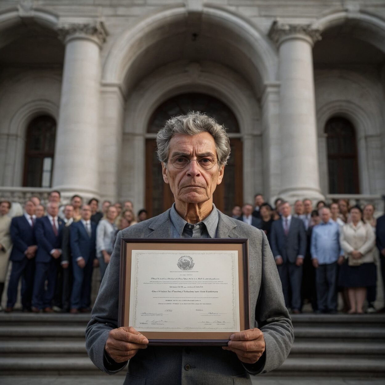 Citizen holding certificate outside a government building, observed by onlookers.
