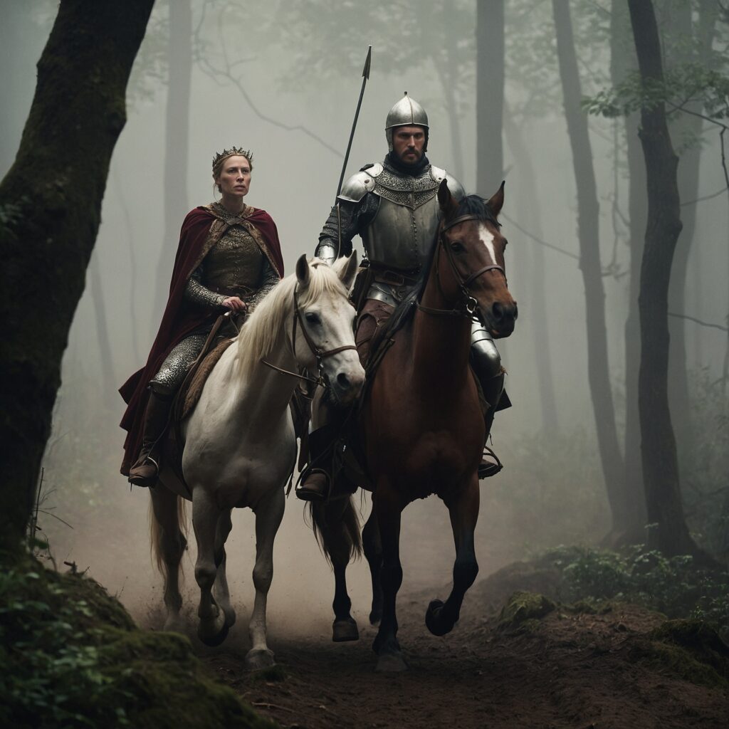 Gwendolyn Macbeth and Banquo on horseback in a foggy medieval forest at dawn.