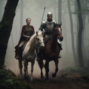 Gwendolyn Macbeth and Banquo on horseback in a foggy medieval forest at dawn.