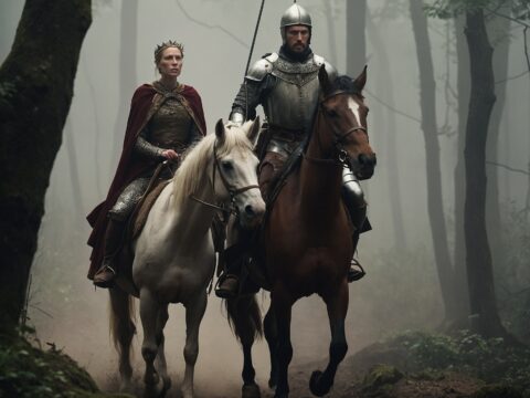 Gwendolyn Macbeth and Banquo on horseback in a foggy medieval forest at dawn.