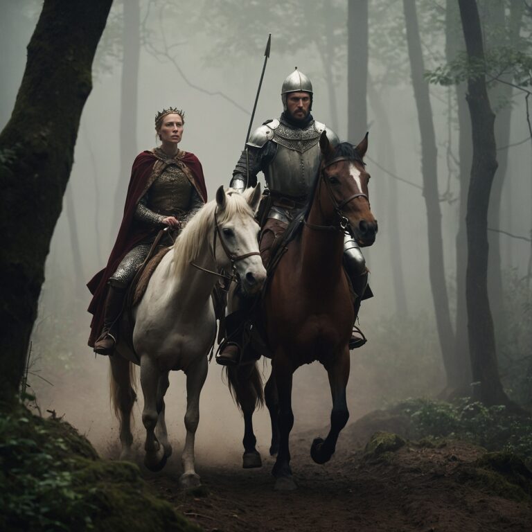 Gwendolyn Macbeth and Banquo on horseback in a foggy medieval forest at dawn.