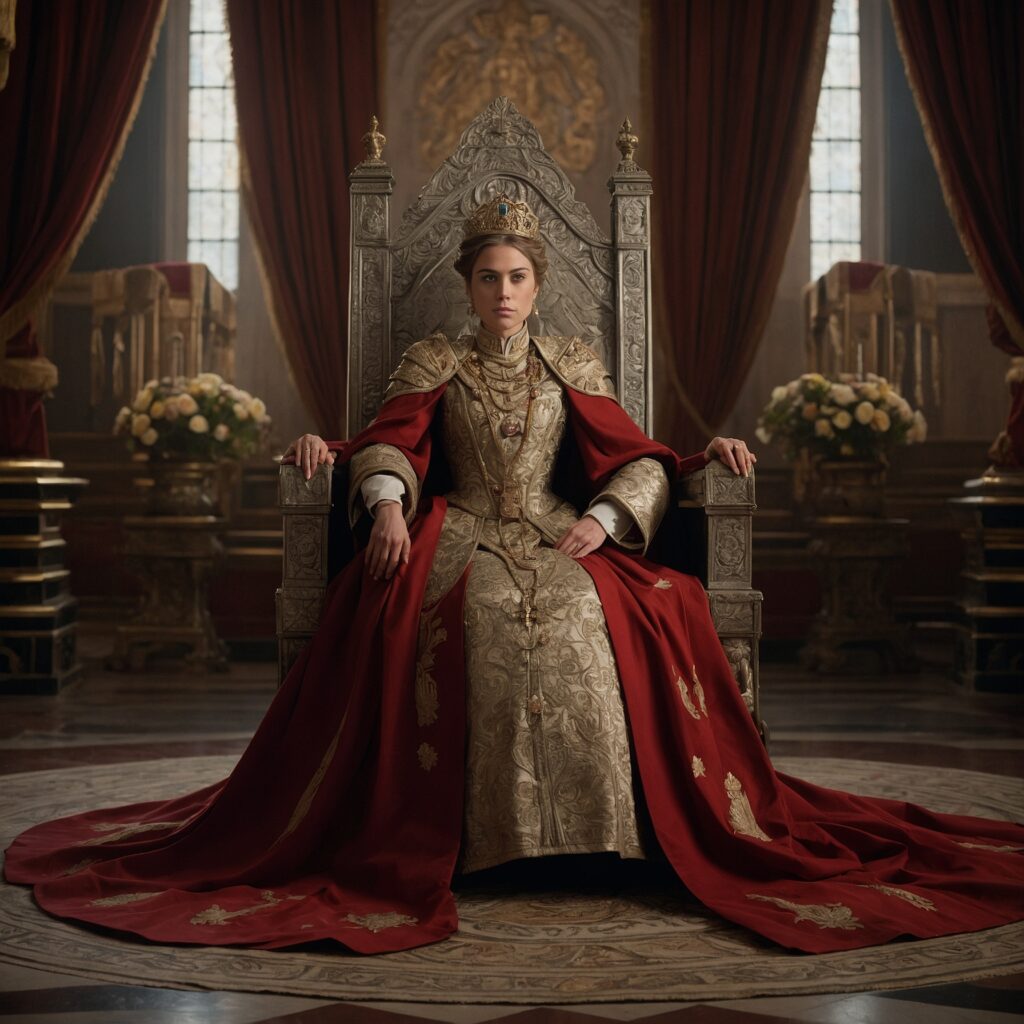 Empress Eleanor XV seated on her throne in full ceremonial regalia beneath official banners.