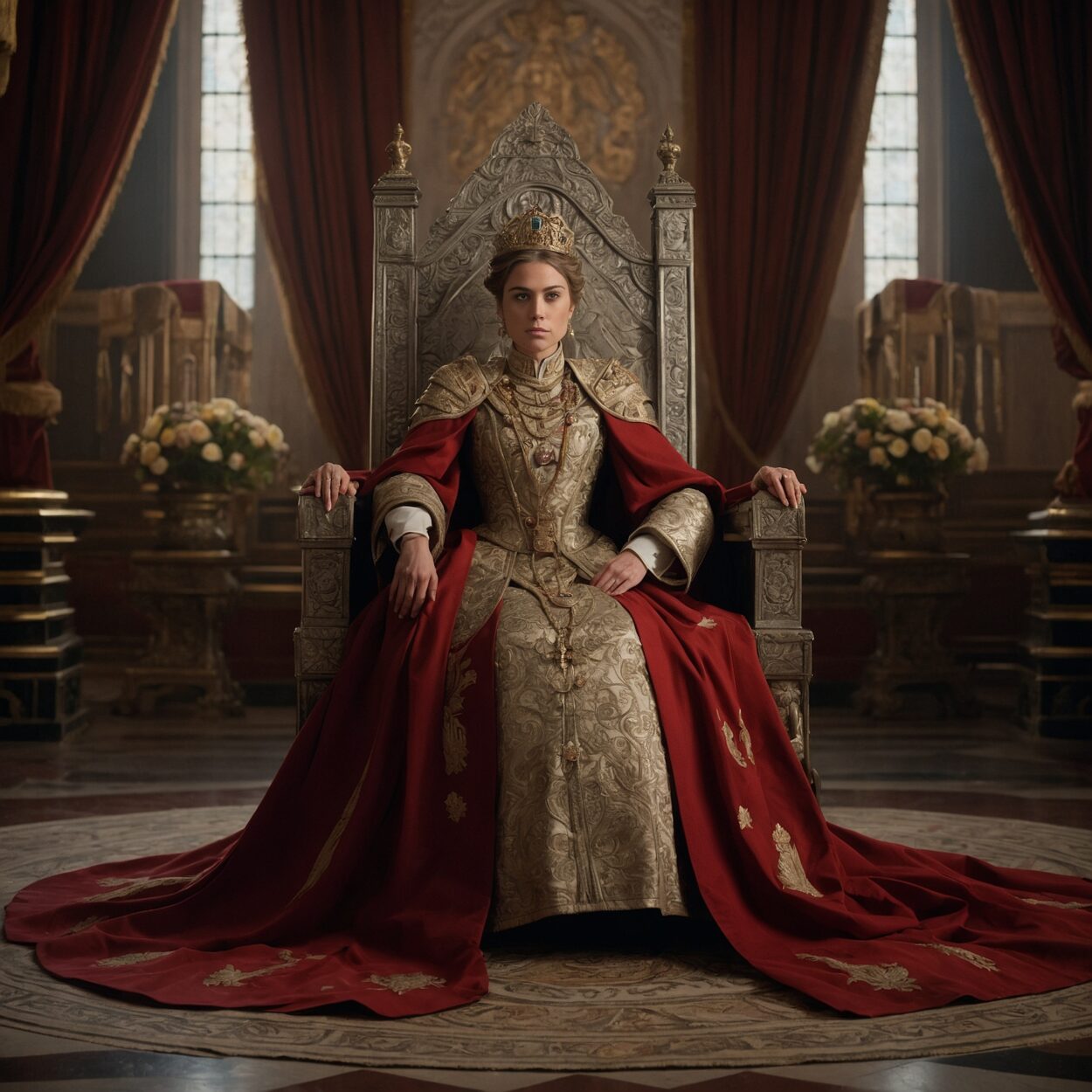 Guardian of the Protectorates Empress Eleanor XV seated on her throne in full ceremonial regalia beneath official banners.