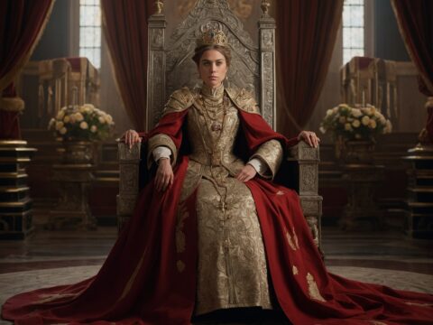 Empress Eleanor XV seated on her throne in full ceremonial regalia beneath official banners.