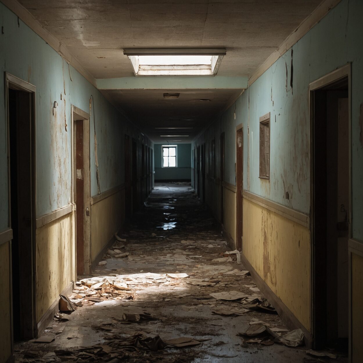 Decrepit corridor with peeling paint, cracked floors, and rusted railings in natural daylight.