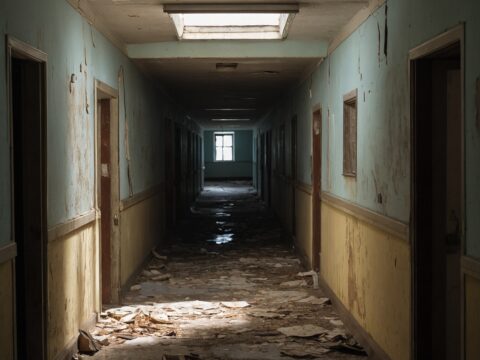 Wings of Corvids Decrepit corridor with peeling paint, cracked floors, and rusted railings in natural daylight.
