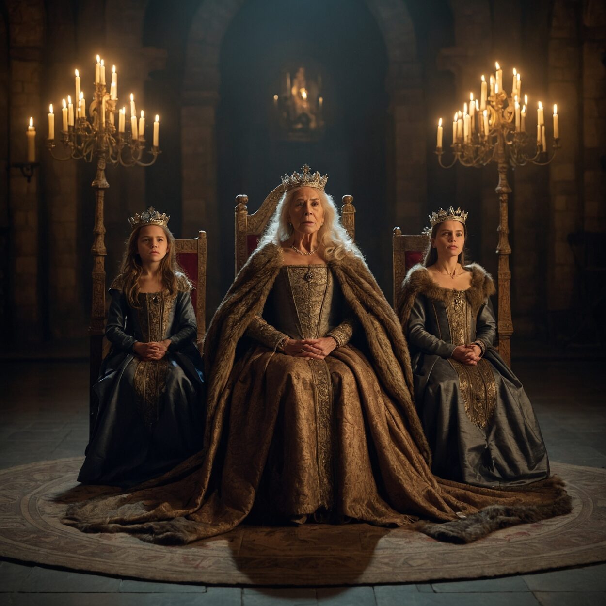 Queen Lear in regal attire on a throne, with her three daughters standing beside her.