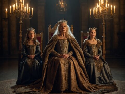 Queen Lear in regal attire on a throne, with her three daughters standing beside her.