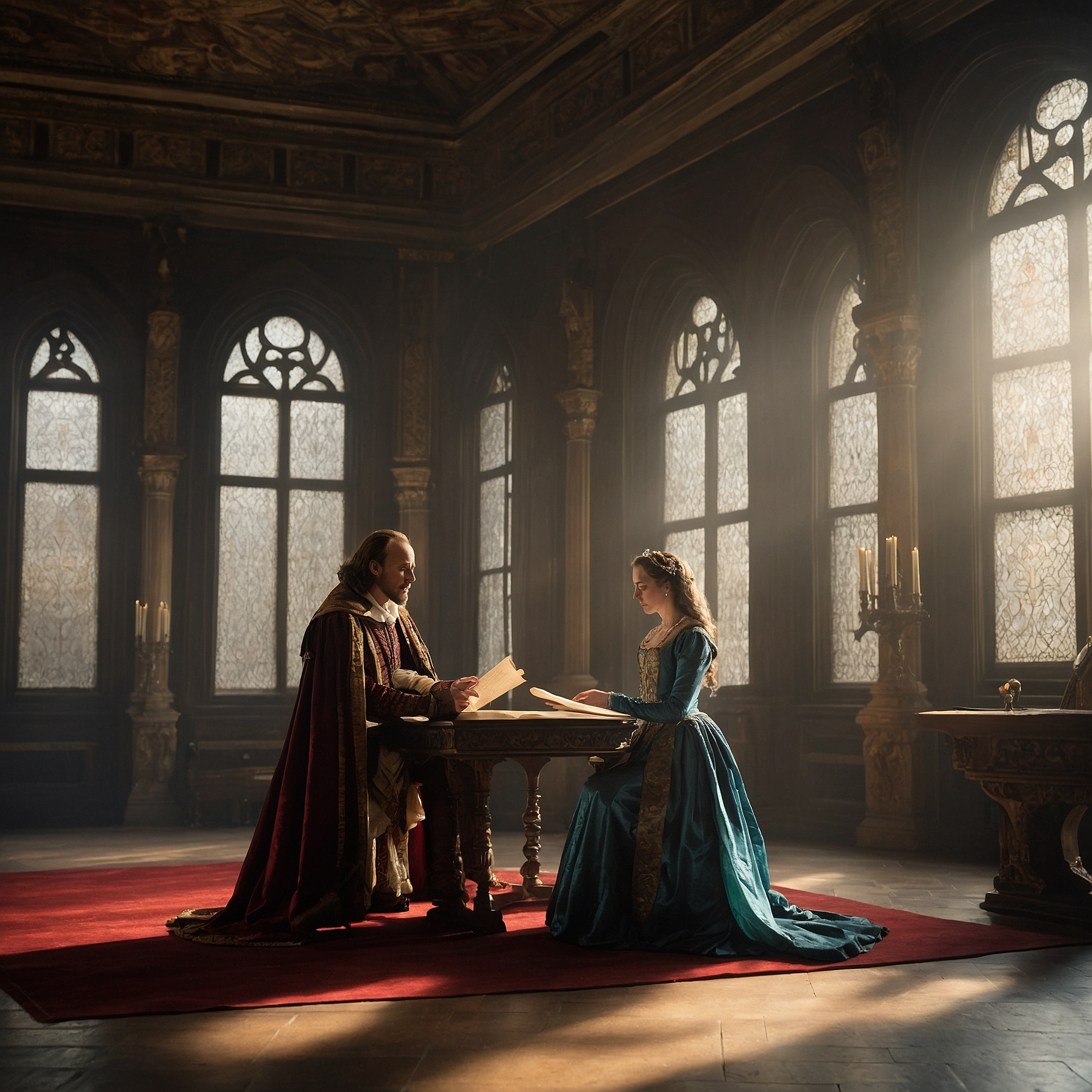 Shakespeare hands a script to Empress Eleanor the Eighteenth in a sunlit palace chamber.