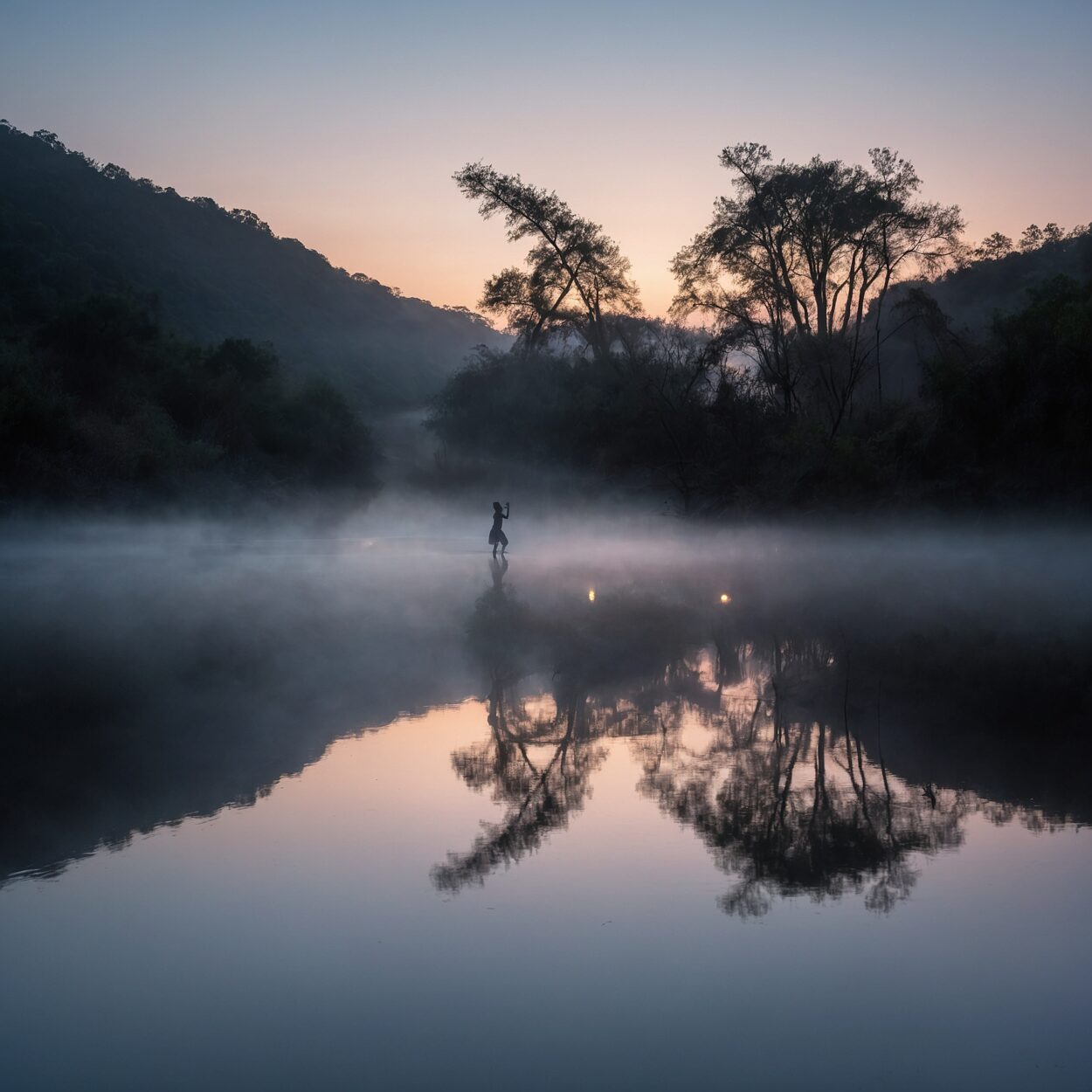 Faint, glowing shapes resembling dancers reflected on a mist-covered river at dusk.