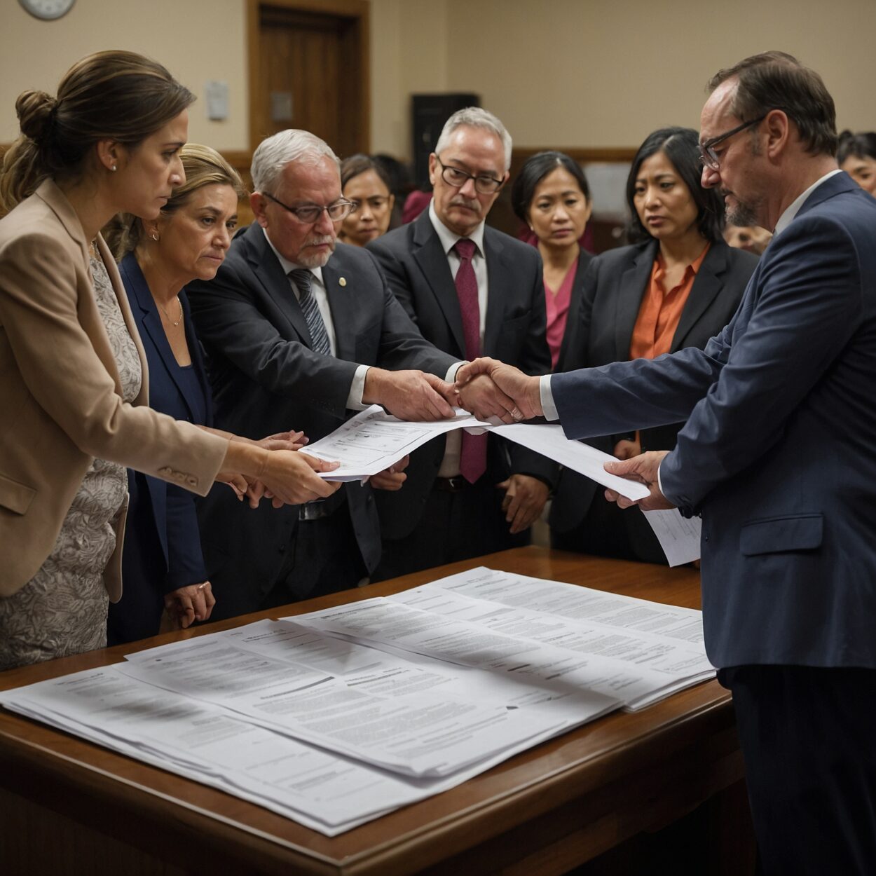Mixed-gender council handing official documents to new sub-council members in a formal ceremony.