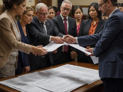Council of Elders Mixed-gender council handing official documents to new sub-council members in a formal ceremony.