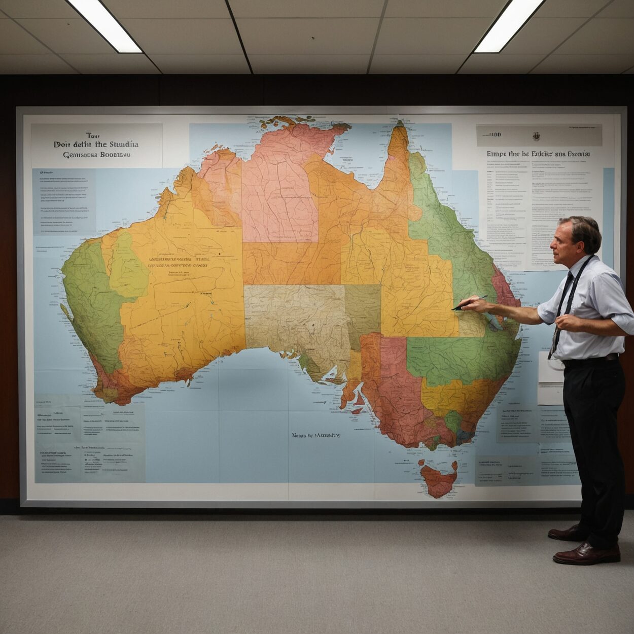 Staff in business attire examine a map of the Empire of Australia with marked boundaries.