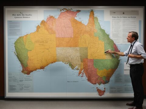 Staff in business attire examine a map of the Empire of Australia with marked boundaries.