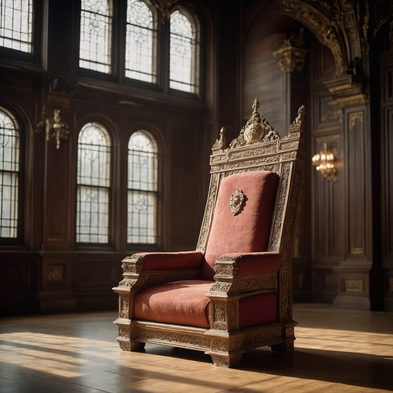 Photorealistic image of the empty Throne of Repose in a sunlit official chamber.