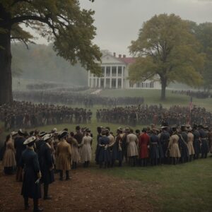 A somber crowd, including civilians and soldiers, stands outside Mount Vernon under cloudy skies.