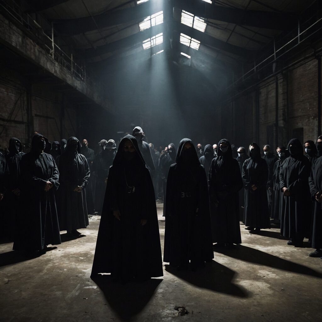 Masked individuals in dark clothing listen to a speaker under harsh warehouse lighting.
