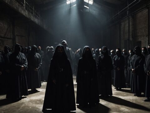 Purity Control Masked individuals in dark clothing listen to a speaker under harsh warehouse lighting.