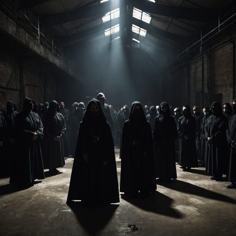 Masked individuals in dark clothing listen to a speaker under harsh warehouse lighting.
