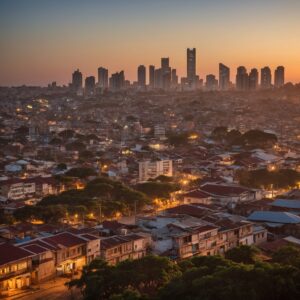 New Calais skyline with modern high-rises, colonial buildings, busy streets, and the Indian Ocean at sunset.