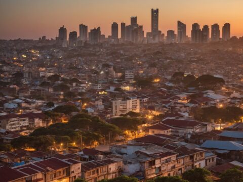 New Calais skyline with modern high-rises, colonial buildings, busy streets, and the Indian Ocean at sunset.