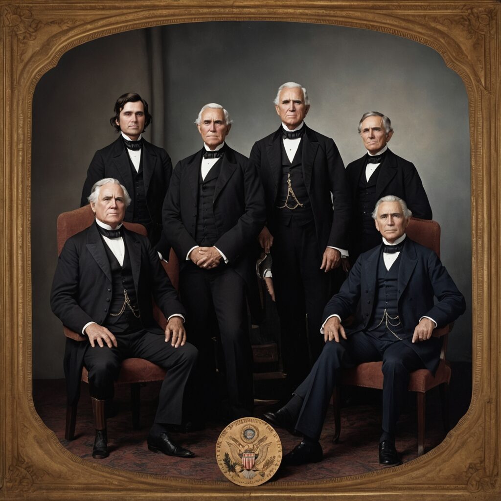 Group portrait of New England presidents in period attire before the national seal and flag.