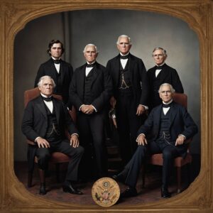 Group portrait of New England presidents in period attire before the national seal and flag.