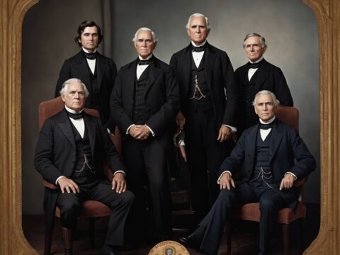 Group portrait of New England presidents in period attire before the national seal and flag.