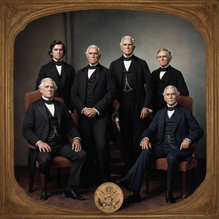 Group portrait of New England presidents in period attire before the national seal and flag.